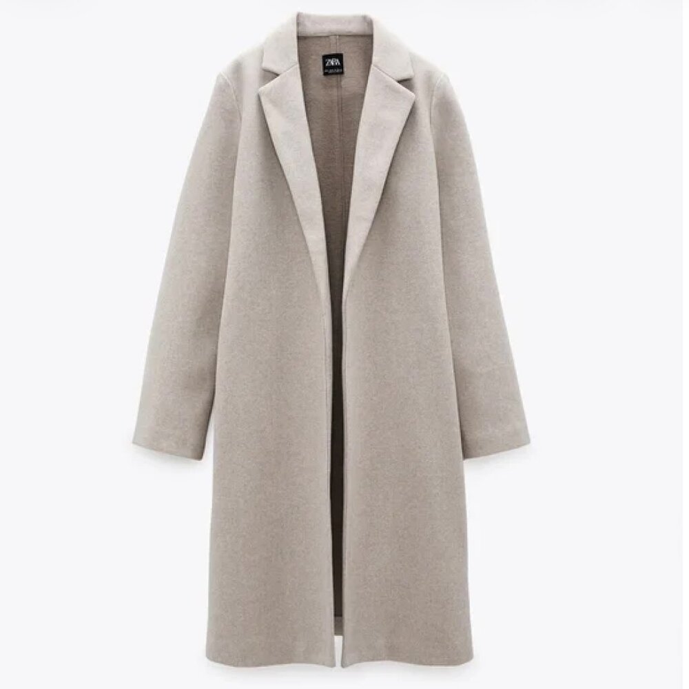 ZARA Beige Open Front Wool Blend Coat | Size M | Longline Minimal Coat